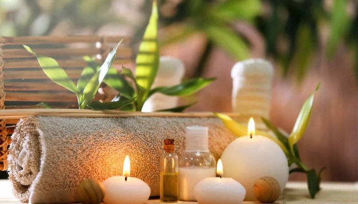 Beautiful spa composition on bamboo mat
