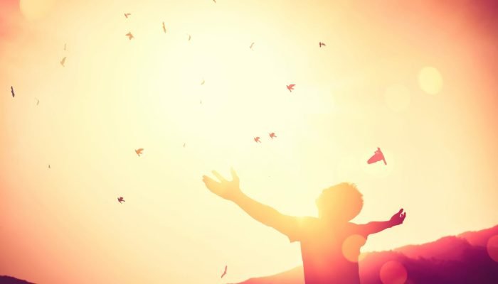 Freedom feel good and travel adventure concept. Copy space of silhouette man rising hands on sunset sky double exposure colorful bokeh and bird fly background. Vintage tone filter effect color style.
